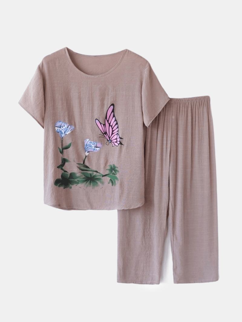 Kobiety Butterfly Flower Drukowanie Loungewear Luźna Oddychająca Letnia Piżama