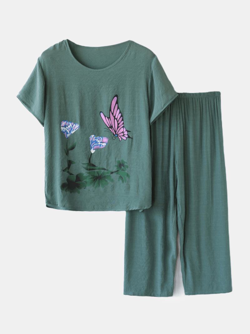 Kobiety Butterfly Flower Drukowanie Loungewear Luźna Oddychająca Letnia Piżama