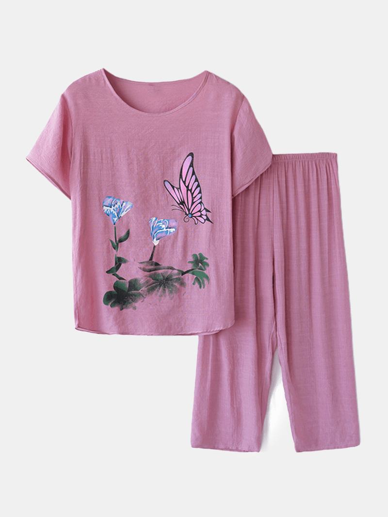 Kobiety Butterfly Flower Drukowanie Loungewear Luźna Oddychająca Letnia Piżama