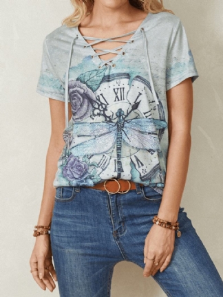 Kobiety Calico Dragonfly Drukowanie Bandaż V-neck Casual T-shirty Z Krótkim Rękawem