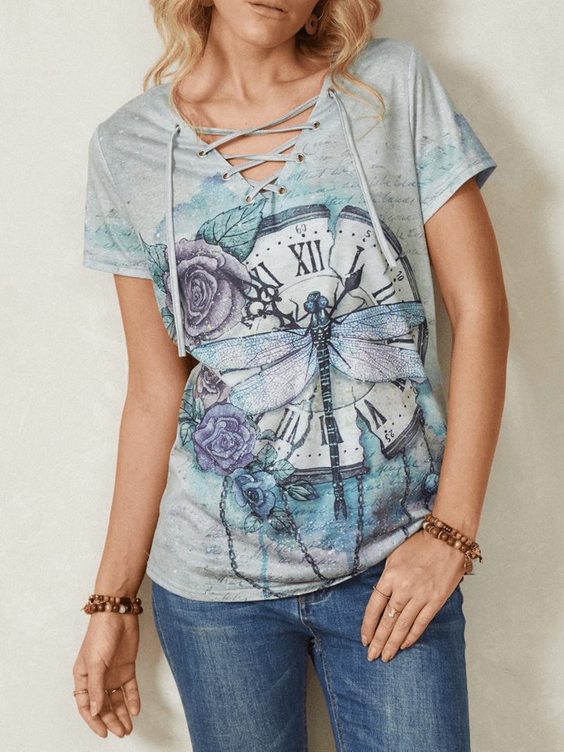 Kobiety Calico Dragonfly Drukowanie Bandaż V-neck Casual T-shirty Z Krótkim Rękawem