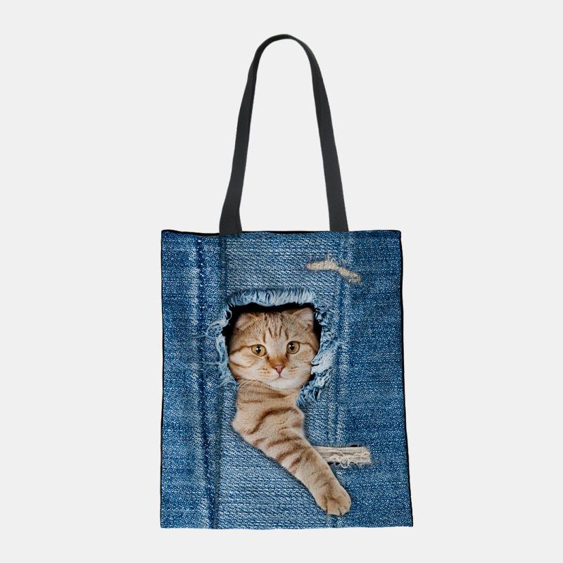 Kobiety Canvas Breaking Hole Denim 3d Cute Kot Dog Wzór Casual Outdoor Torebka Torba Na Ramię Tote