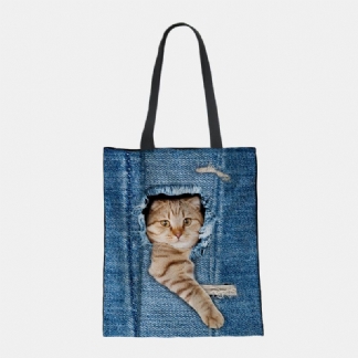 Kobiety Canvas Breaking Hole Denim 3d Cute Kot Dog Wzór Casual Outdoor Torebka Torba Na Ramię Tote