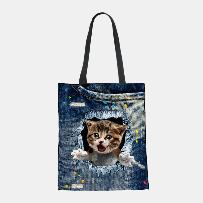 Kobiety Canvas Breaking Hole Denim 3d Cute Kot Dog Wzór Casual Outdoor Torebka Torba Na Ramię Tote