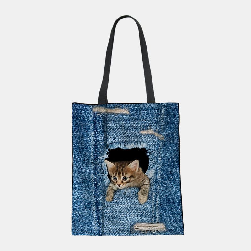 Kobiety Canvas Breaking Hole Denim 3d Cute Kot Dog Wzór Casual Outdoor Torebka Torba Na Ramię Tote