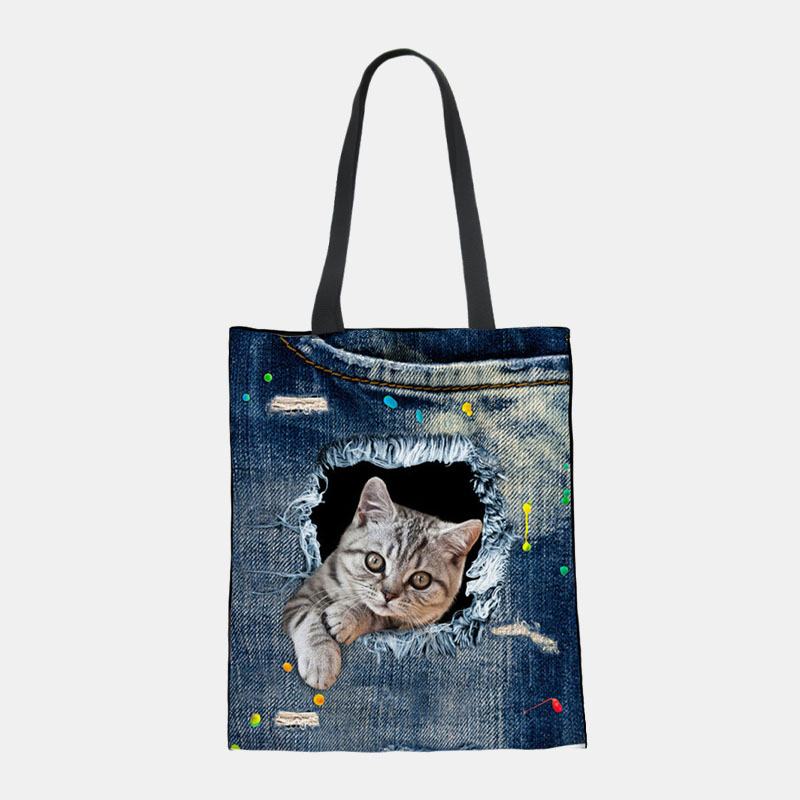 Kobiety Canvas Breaking Hole Denim 3d Cute Kot Dog Wzór Casual Outdoor Torebka Torba Na Ramię Tote