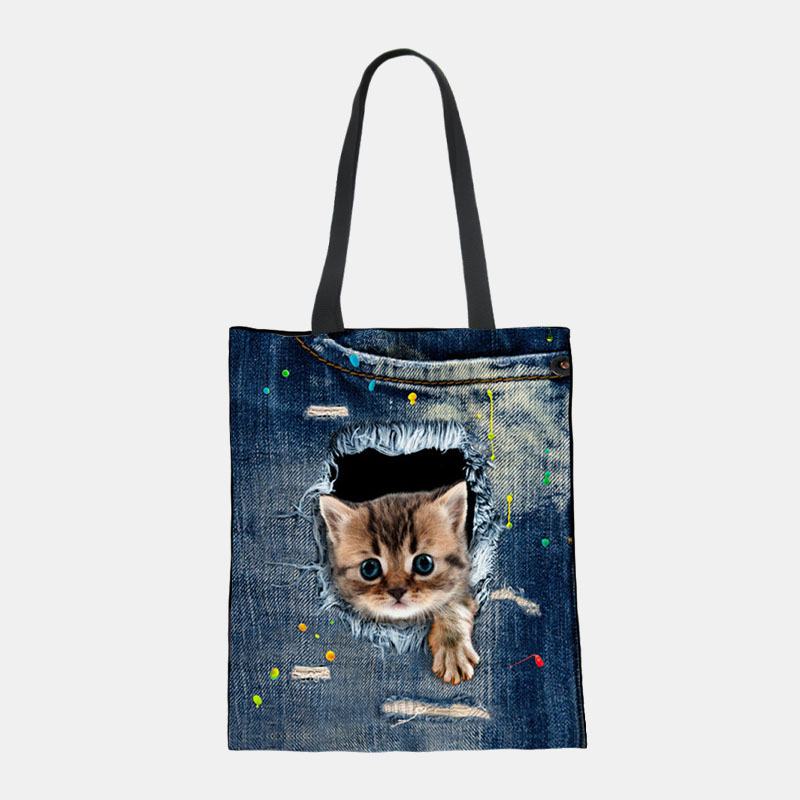 Kobiety Canvas Breaking Hole Denim 3d Cute Kot Dog Wzór Casual Outdoor Torebka Torba Na Ramię Tote