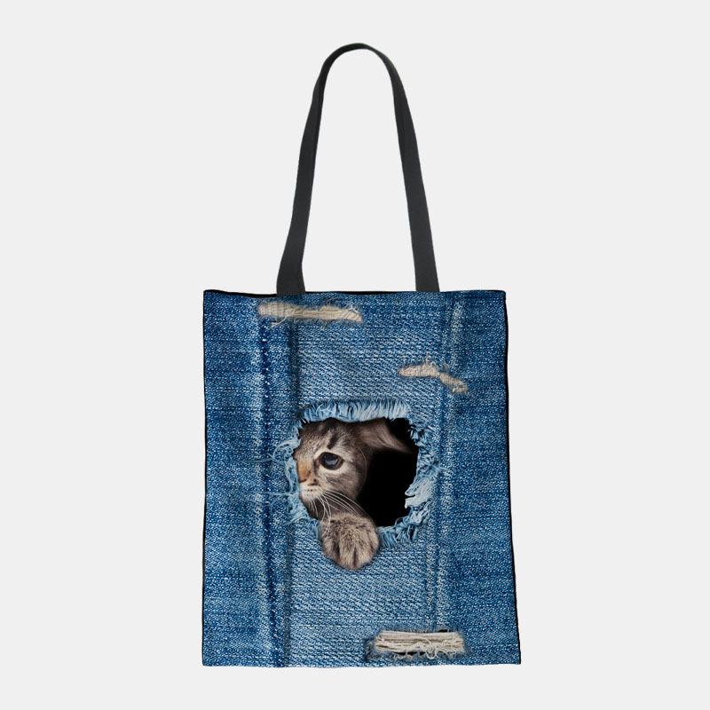 Kobiety Canvas Breaking Hole Denim 3d Cute Kot Dog Wzór Casual Outdoor Torebka Torba Na Ramię Tote