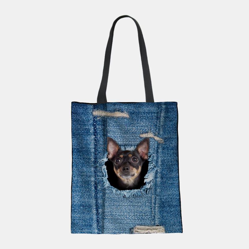 Kobiety Canvas Breaking Hole Denim 3d Cute Kot Dog Wzór Casual Outdoor Torebka Torba Na Ramię Tote