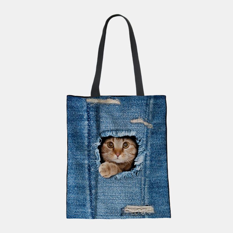 Kobiety Canvas Breaking Hole Denim 3d Cute Kot Dog Wzór Casual Outdoor Torebka Torba Na Ramię Tote