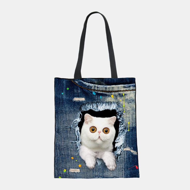 Kobiety Canvas Breaking Hole Denim 3d Cute Kot Dog Wzór Casual Outdoor Torebka Torba Na Ramię Tote