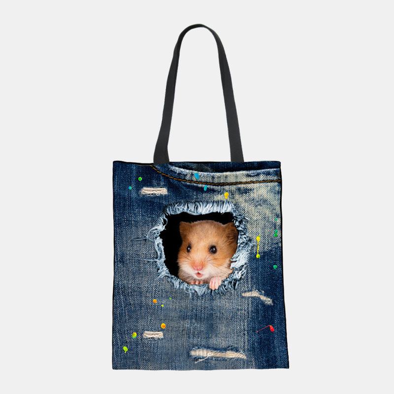 Kobiety Canvas Breaking Hole Denim 3d Cute Kot Dog Wzór Casual Outdoor Torebka Torba Na Ramię Tote