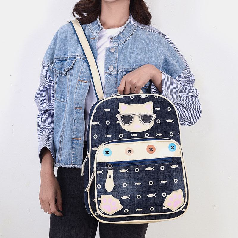 Kobiety Canvas Cute Kot Drukuj Patchwork Casual Plecak Tornister