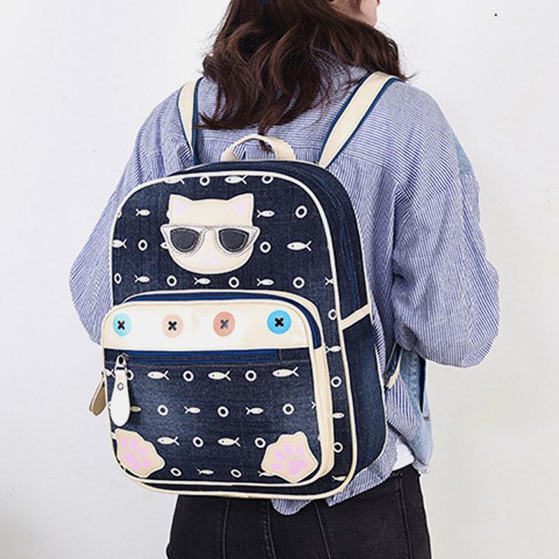 Kobiety Canvas Cute Kot Drukuj Patchwork Casual Plecak Tornister