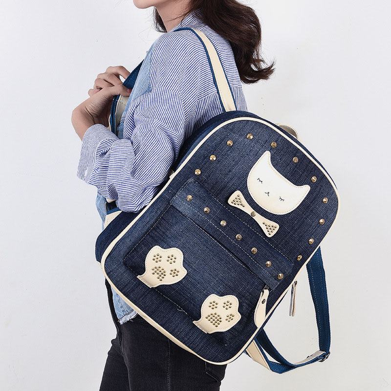 Kobiety Canvas Cute Kot Drukuj Patchwork Casual Plecak Tornister