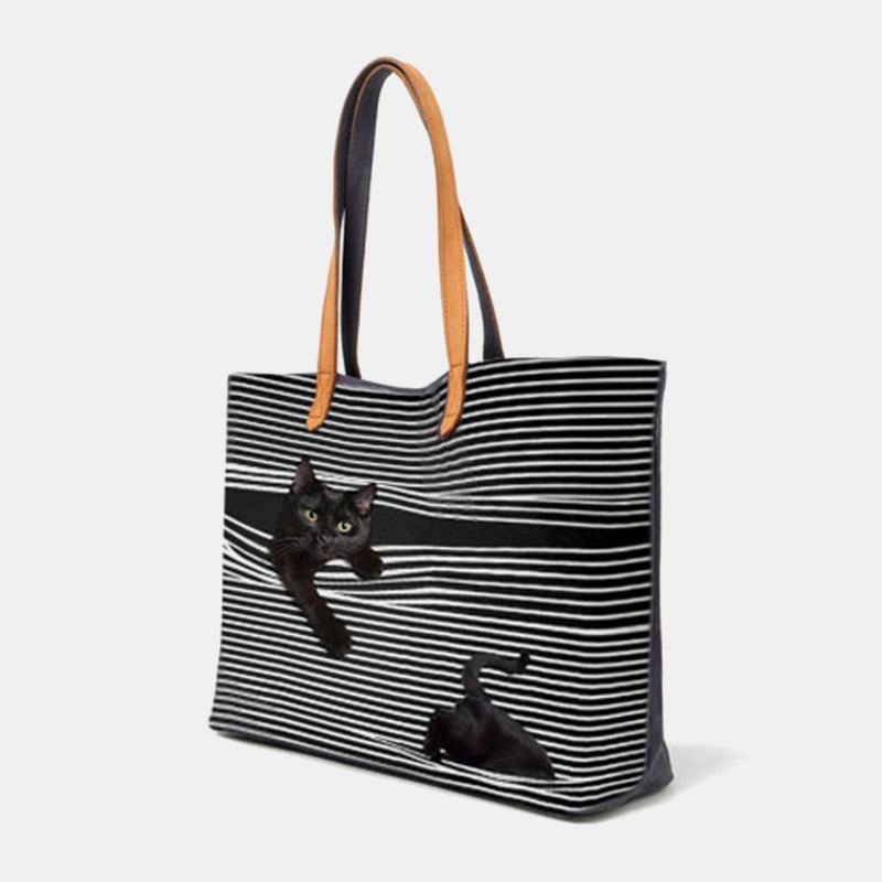 Kobiety Canvas Duża Pojemność Stripe Trójwymiarowy Cartoon Cute Kot Torebka Torba Na Ramię Tote