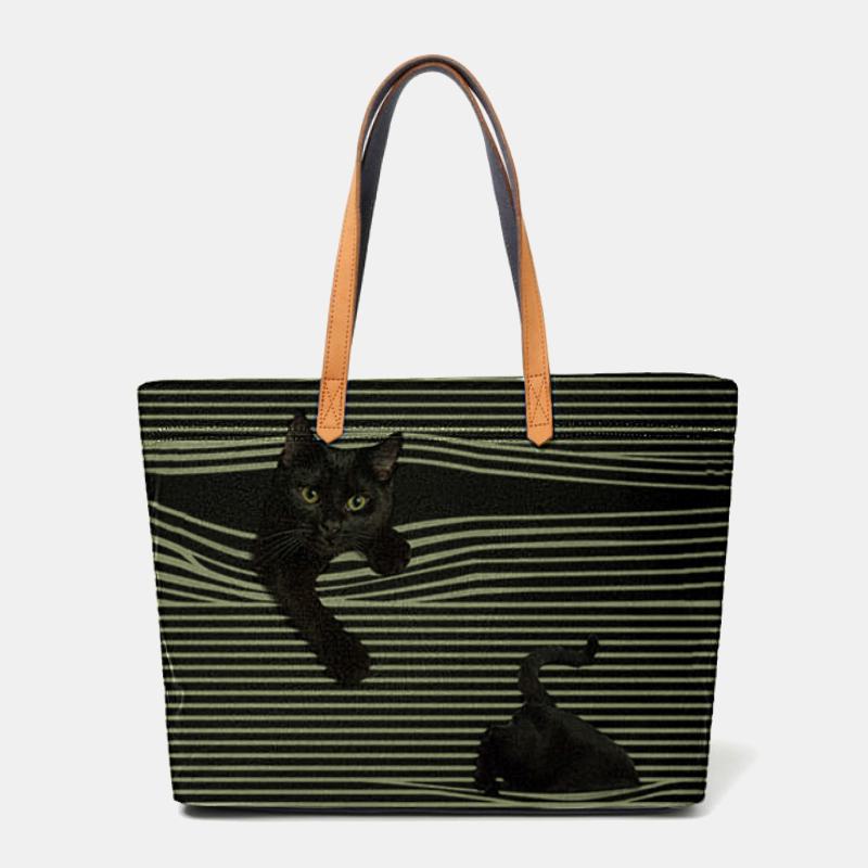 Kobiety Canvas Duża Pojemność Stripe Trójwymiarowy Cartoon Cute Kot Torebka Torba Na Ramię Tote