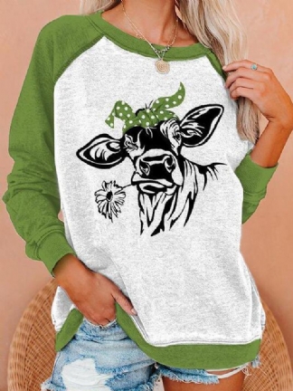 Kobiety Cartoon Animal Drukowanie O-neck Kontrastowy Raglanowy Rękaw Casual Bluzki