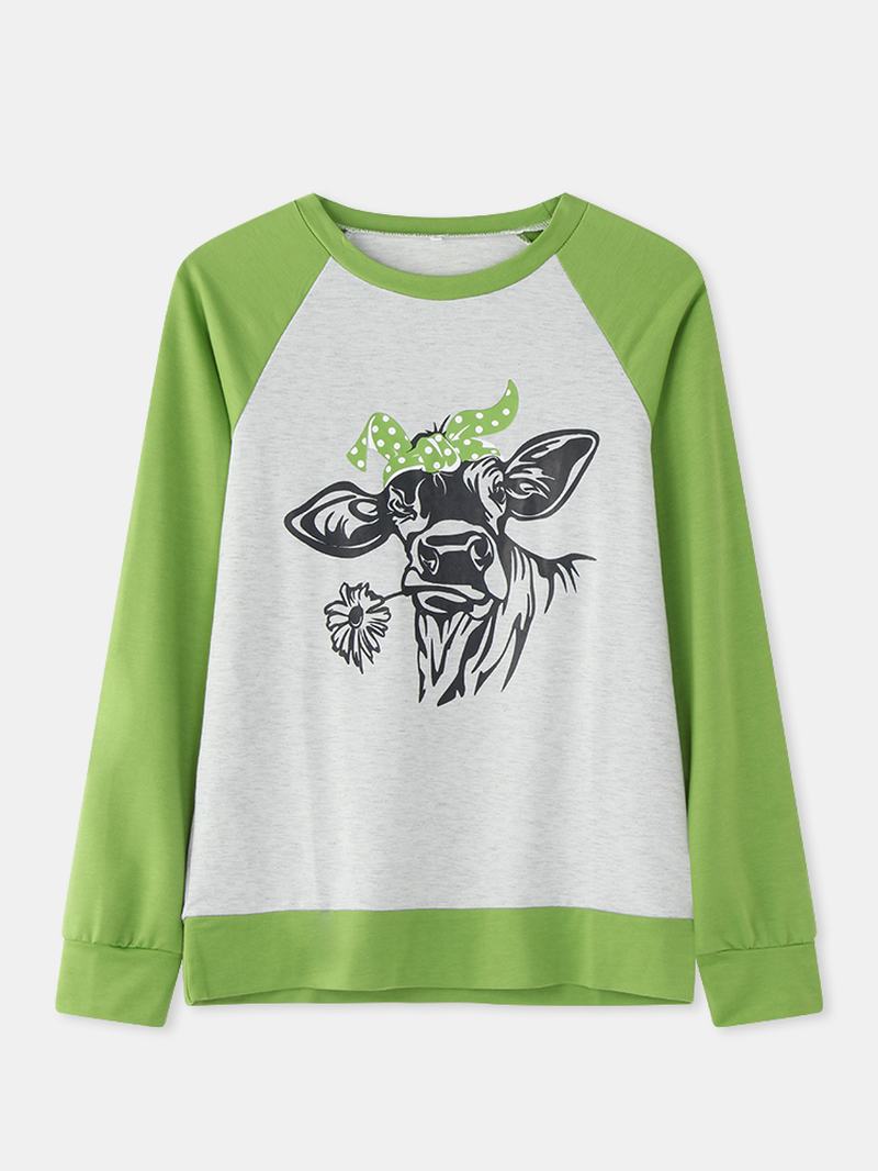 Kobiety Cartoon Animal Drukowanie O-neck Kontrastowy Raglanowy Rękaw Casual Bluzki