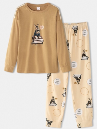 Kobiety Cartoon Animal Drukowanie Sweter Z Długim Rękawem Elastyczny Pas Spodnie Z Literami Home Piżama Set