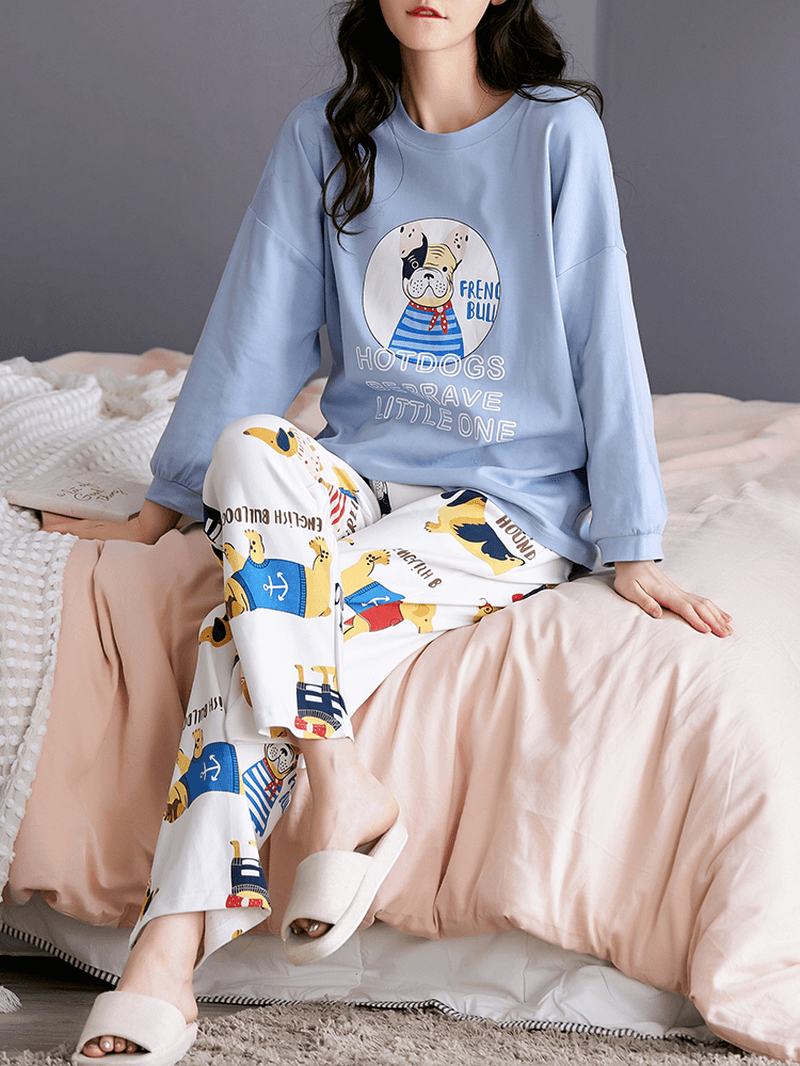 Kobiety Cartoon Animal & Letter Drukowanie Pullover Elastyczny Pas Luźne Spodnie Home Piżama Set