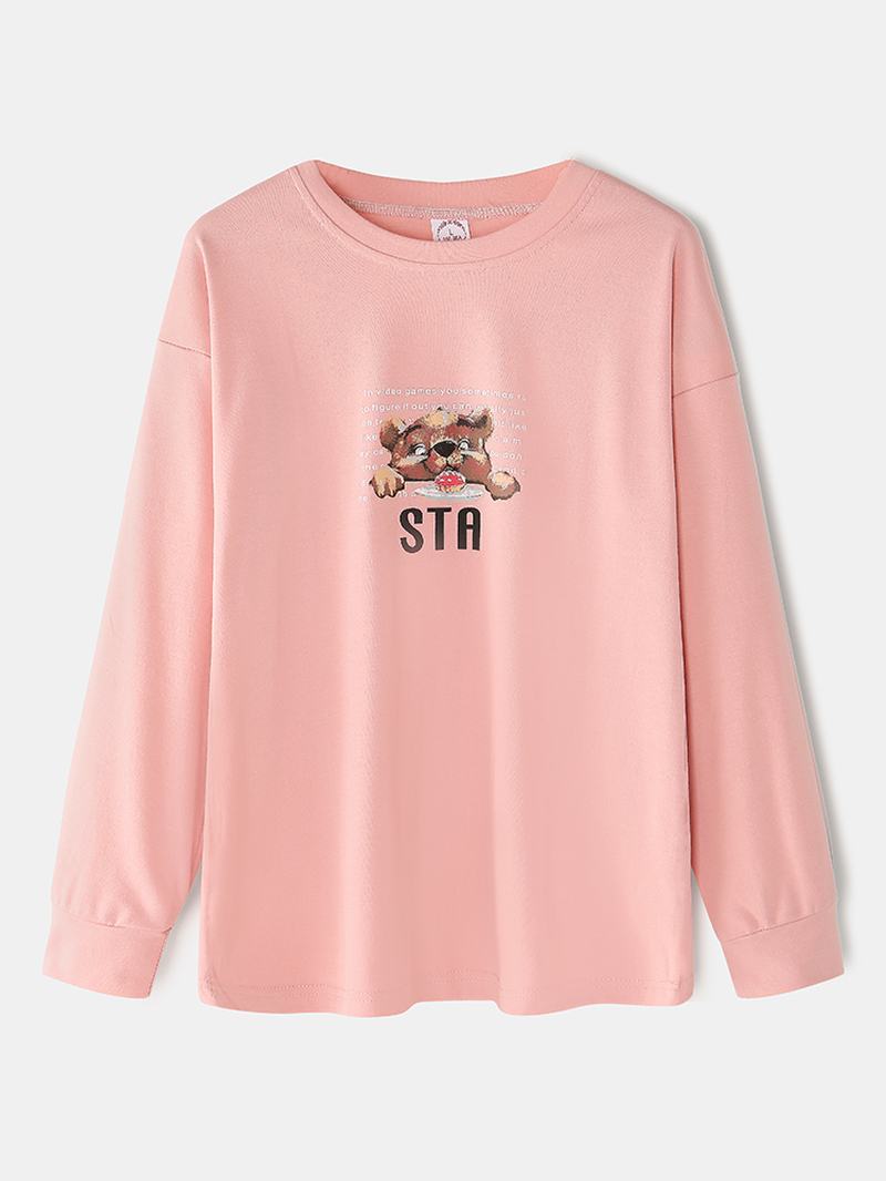 Kobiety Cartoon Bear Drukowanie Drop Shoulder Pullover Letter Elastyczne Spodnie W Pasie Home Piżama Set