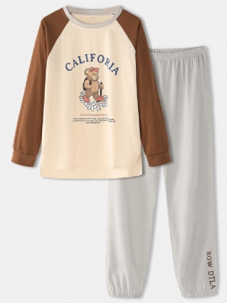 Kobiety Cartoon Bear Pattern List Drukowanie Raglan Sleeve Pullover Pocket Pants Home Zestawy Piżam