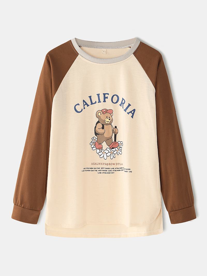 Kobiety Cartoon Bear Pattern List Drukowanie Raglan Sleeve Pullover Pocket Pants Home Zestawy Piżam