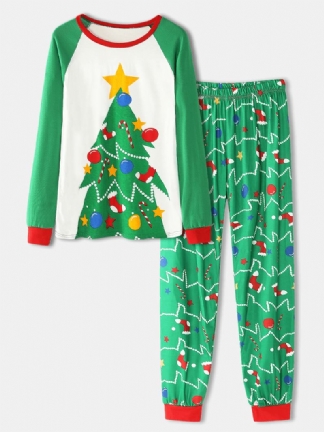 Kobiety Cartoon Christmas Tree Drukowanie Raglanowe Rękawy Bluzy Elastyczny Pas Spodnie Do Biegania Home Piżama Set