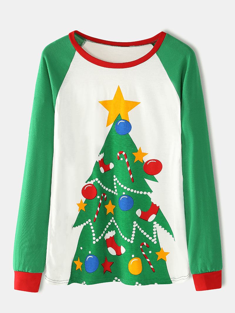 Kobiety Cartoon Christmas Tree Drukowanie Raglanowe Rękawy Bluzy Elastyczny Pas Spodnie Do Biegania Home Piżama Set