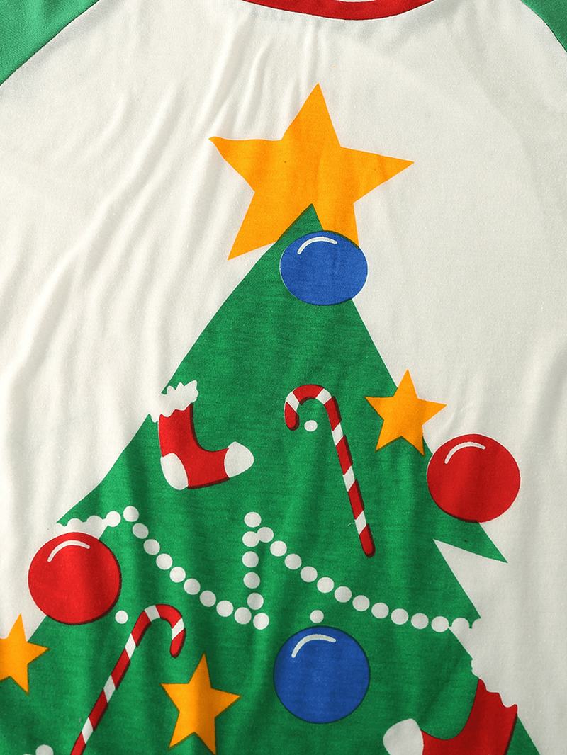 Kobiety Cartoon Christmas Tree Drukowanie Raglanowe Rękawy Bluzy Elastyczny Pas Spodnie Do Biegania Home Piżama Set