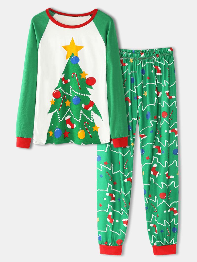 Kobiety Cartoon Christmas Tree Drukowanie Raglanowe Rękawy Bluzy Elastyczny Pas Spodnie Do Biegania Home Piżama Set