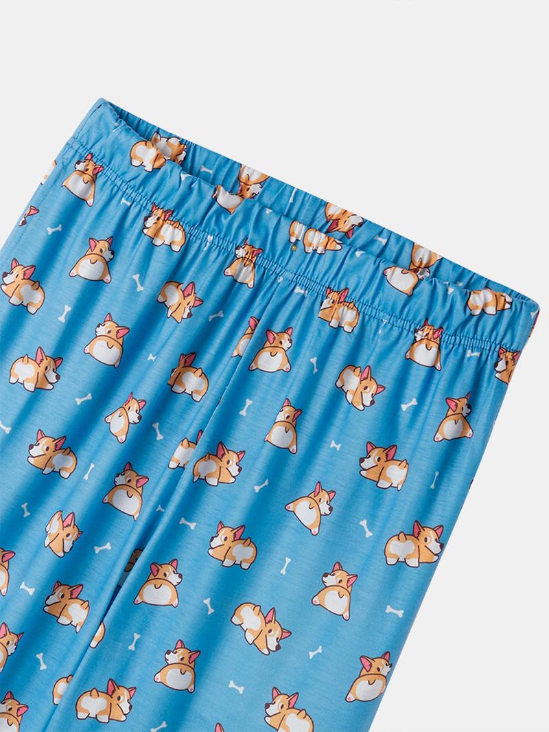 Kobiety Cartoon Dog Drukowanie Z Krótkim Rękawem Śliczne Spodnie Z Mankietami Zestawy Piżam