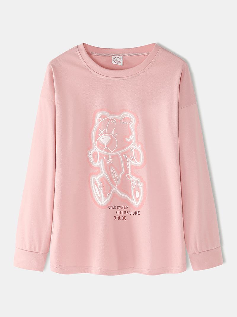 Kobiety Cartoon Drukowanie Różowy Sweter W Pasie Kieszeń Home Casual Piżama