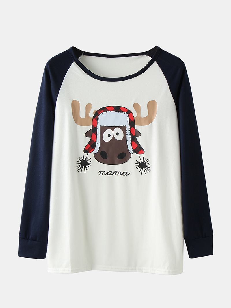 Kobiety Cartoon Elk Drukowanie Raglanowe Rękawy Top Drukowanie Elastyczne Spodnie W Pasie Home Christmas Piżama Set
