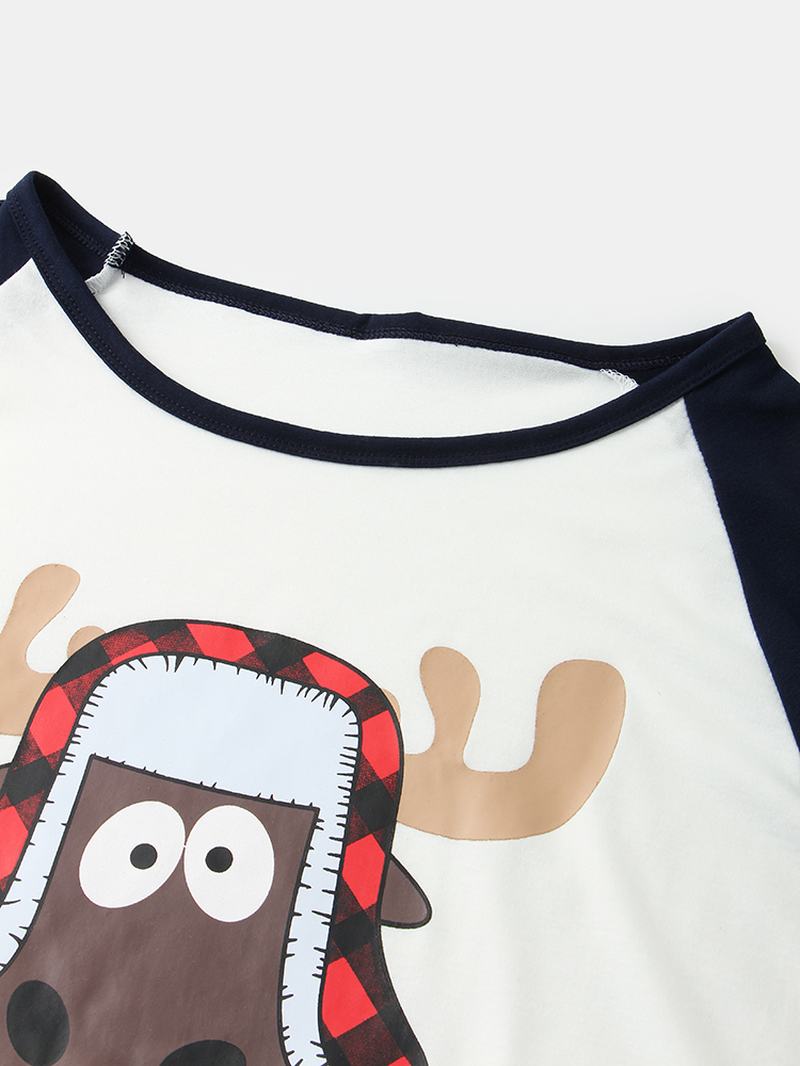 Kobiety Cartoon Elk Drukowanie Raglanowe Rękawy Top Drukowanie Elastyczne Spodnie W Pasie Home Christmas Piżama Set