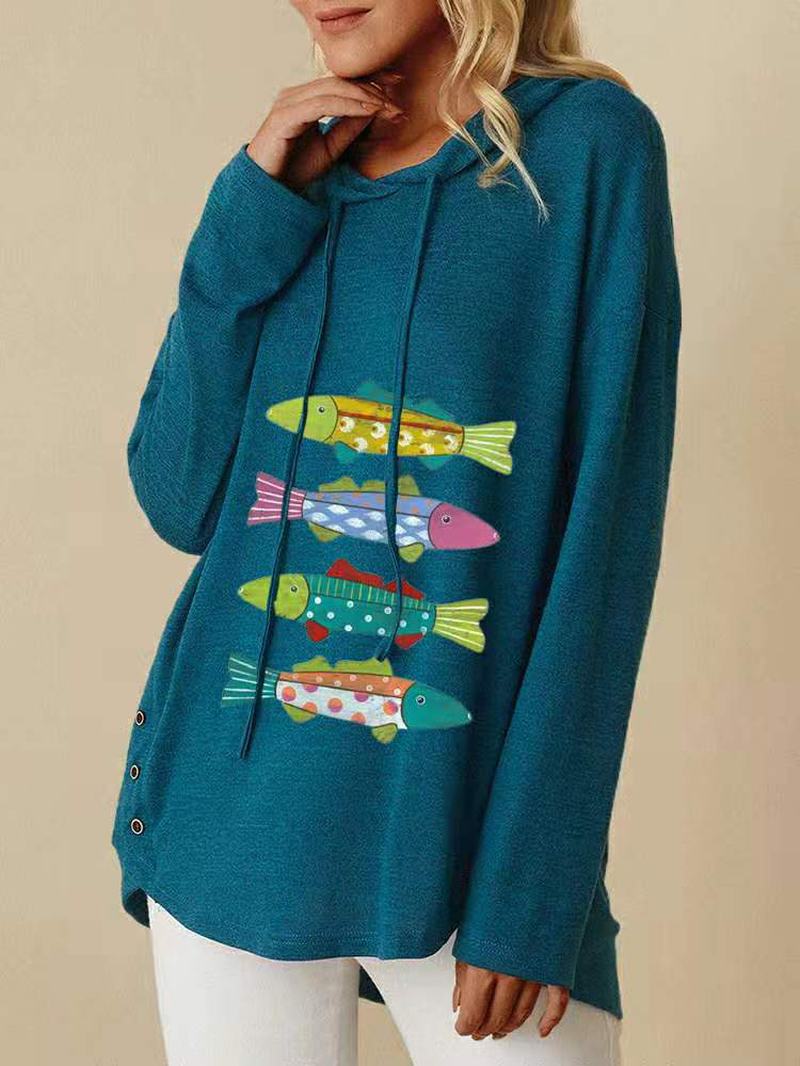 Kobiety Cartoon Fishes Drukowanie Side Button Sznurek Casual Luźna Bluza Z Kapturem