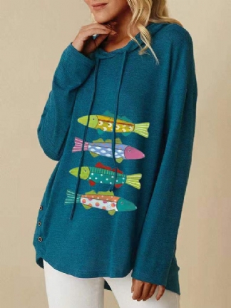 Kobiety Cartoon Fishes Drukowanie Side Button Sznurek Casual Luźna Bluza Z Kapturem