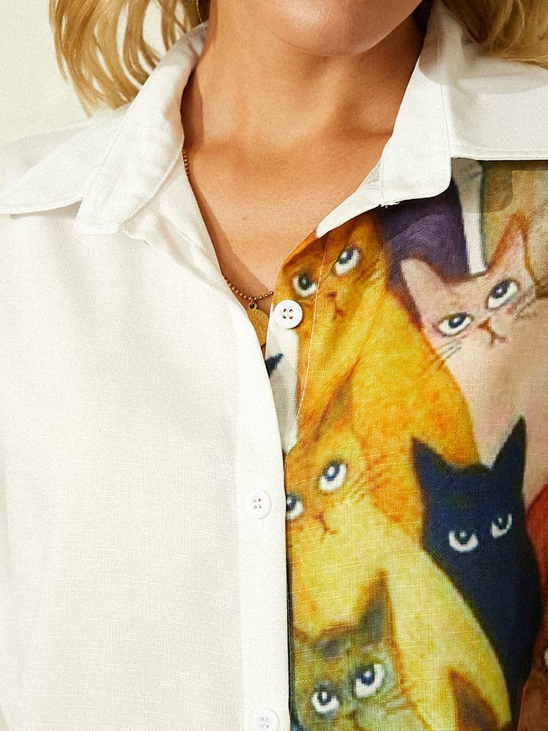 Kobiety Cartoon Kot Drukowane Lapel Śliczne Koszule Z Długim Rękawem