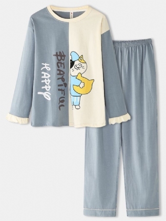 Kobiety Cartoon Kot Drukuj Dwukolorowy Patchwork W Pasie Spodnie Z Kieszeniami W Domu Zestaw Piżamy