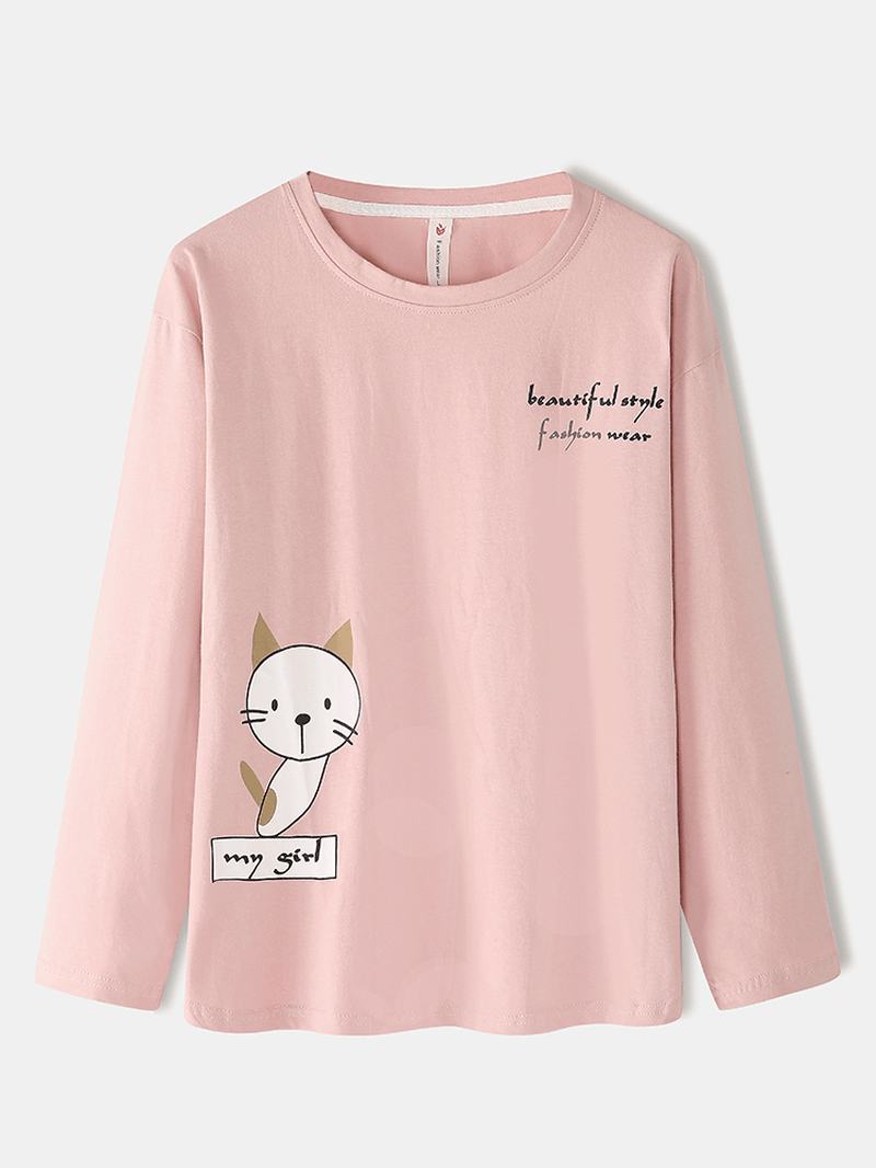 Kobiety Cartoon Kot Drukuj Sweter Z Długim Rękawem Elastyczny Pas Spodnie Z Kieszeniami Różowy Domowy Zestaw Piżamy