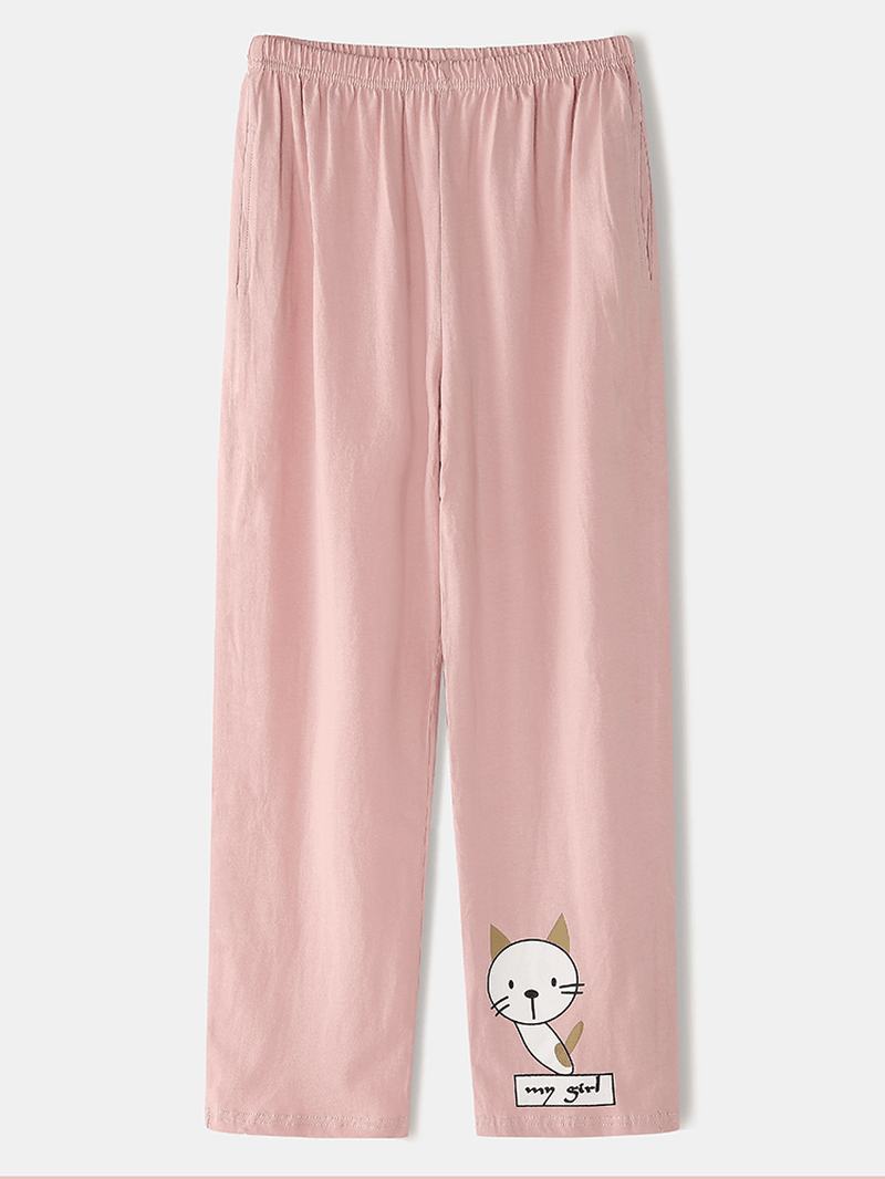 Kobiety Cartoon Kot Drukuj Sweter Z Długim Rękawem Elastyczny Pas Spodnie Z Kieszeniami Różowy Domowy Zestaw Piżamy