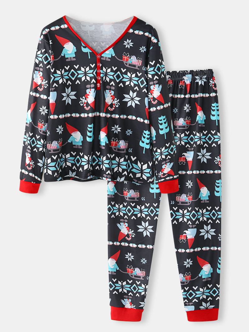 Kobiety Cartoon Santa Claus Drukowanie V-neck Sweter Z Długim Rękawem Luźne Spodnie Do Biegania Świąteczny Domowy Zestaw Piżamy