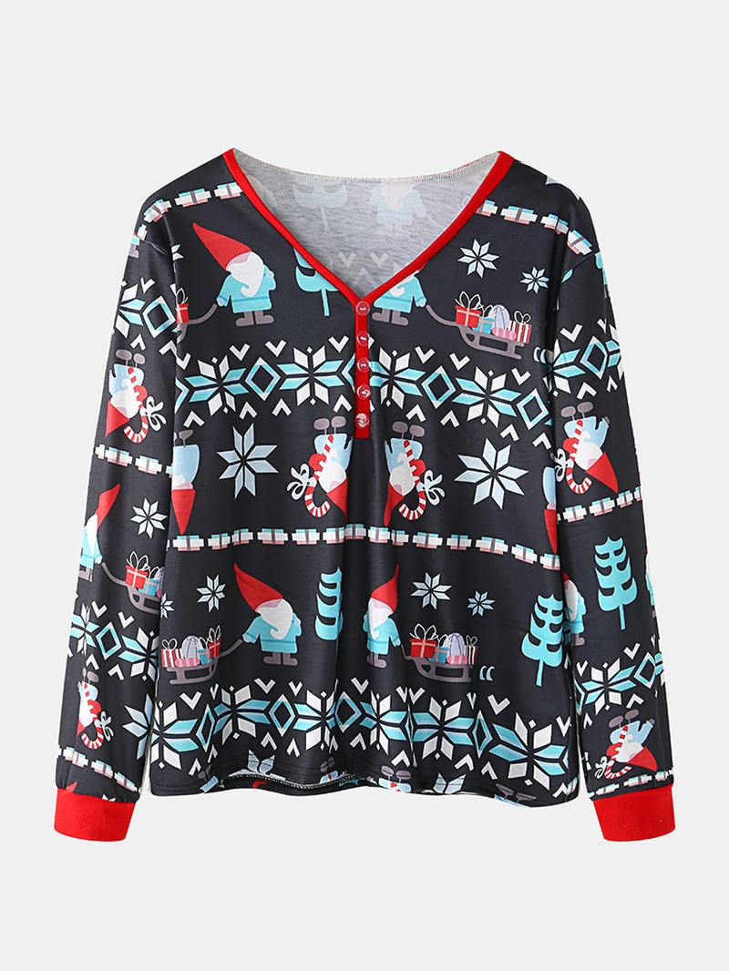 Kobiety Cartoon Santa Claus Drukowanie V-neck Sweter Z Długim Rękawem Luźne Spodnie Do Biegania Świąteczny Domowy Zestaw Piżamy