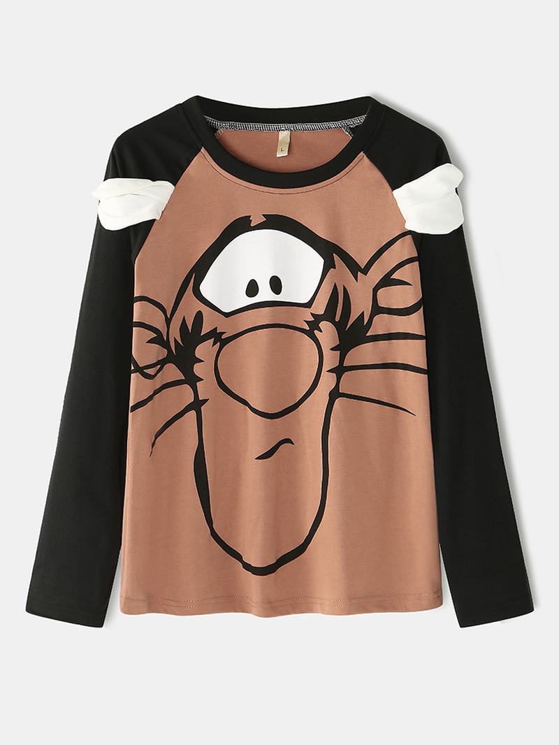 Kobiety Cartoon Tiger Raglan Sleeve Spodnie Z Elastyczną Talią Zestaw Piżam Domowych