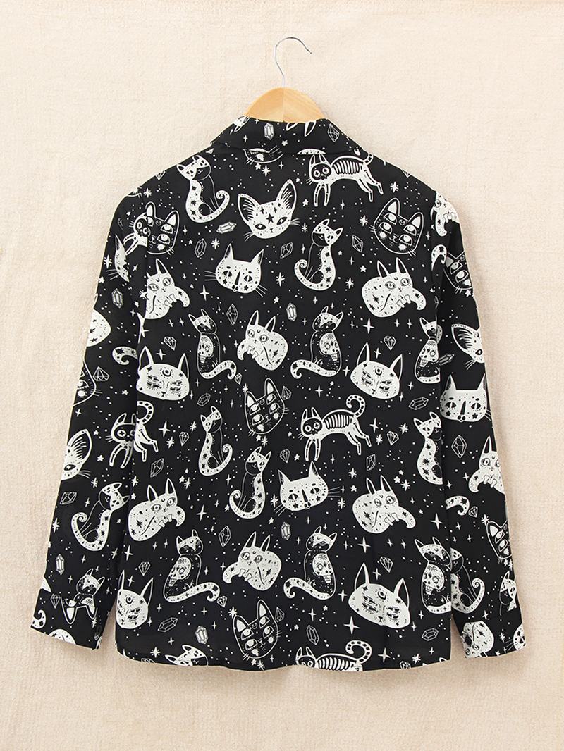 Kobiety Casual Kot Kreskówka Śmieszne Nadruki Koszule Z Kołnierzykiem Z Długim Rękawem I Guzikami