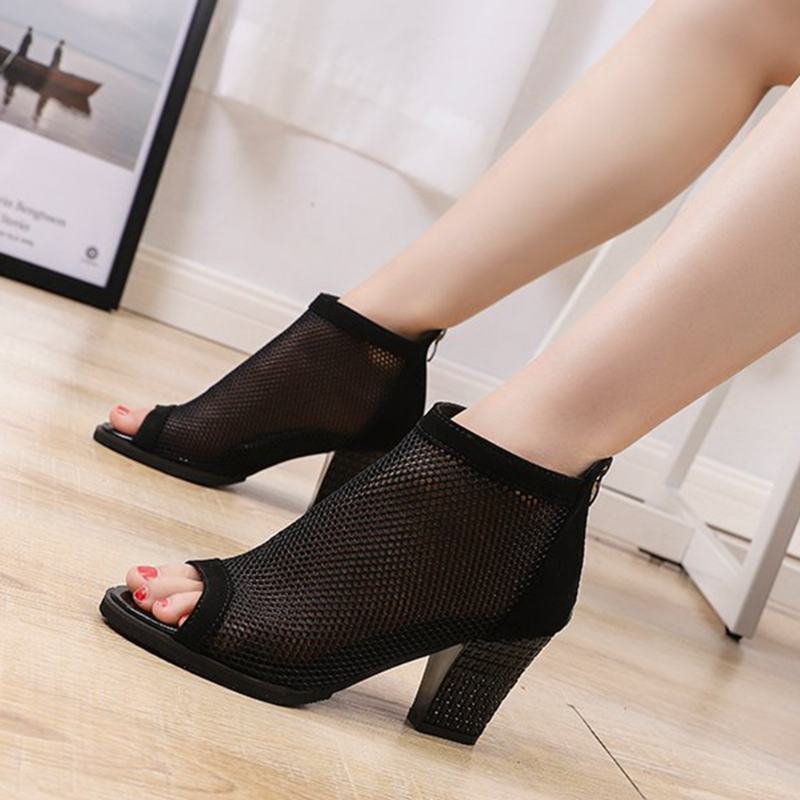 Kobiety Casual Mesh Oddychająca Chunky Heel Hollow Out Peep-toe Pumps Shoes