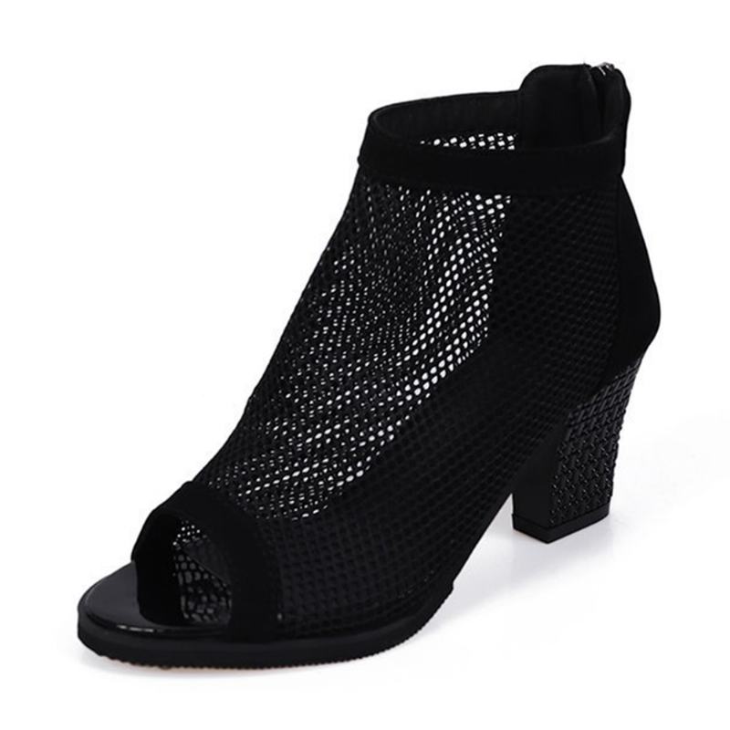 Kobiety Casual Mesh Oddychająca Chunky Heel Hollow Out Peep-toe Pumps Shoes