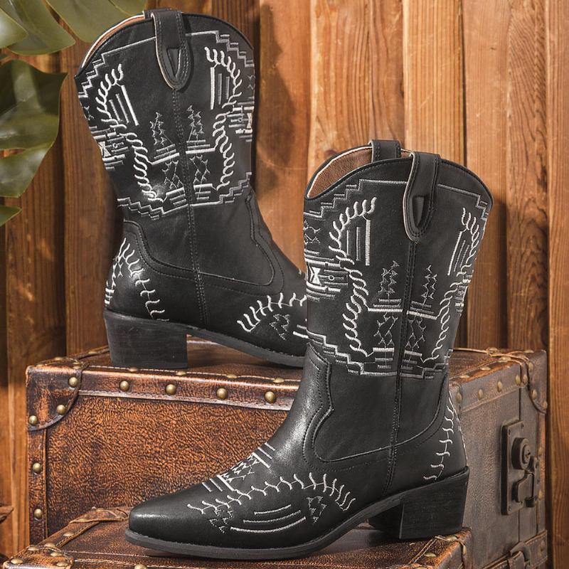 Kobiety Casual Pointed Toe Vintage Haftowane Kowbojskie Buty W Stylu Zachodnim Martin Boots