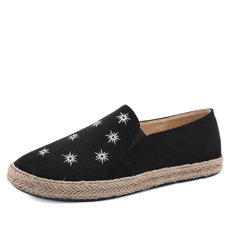 Kobiety Casual Zamszowe Okrągłe Toe Star Haftowane Espadryle Mokasyny Rybackie